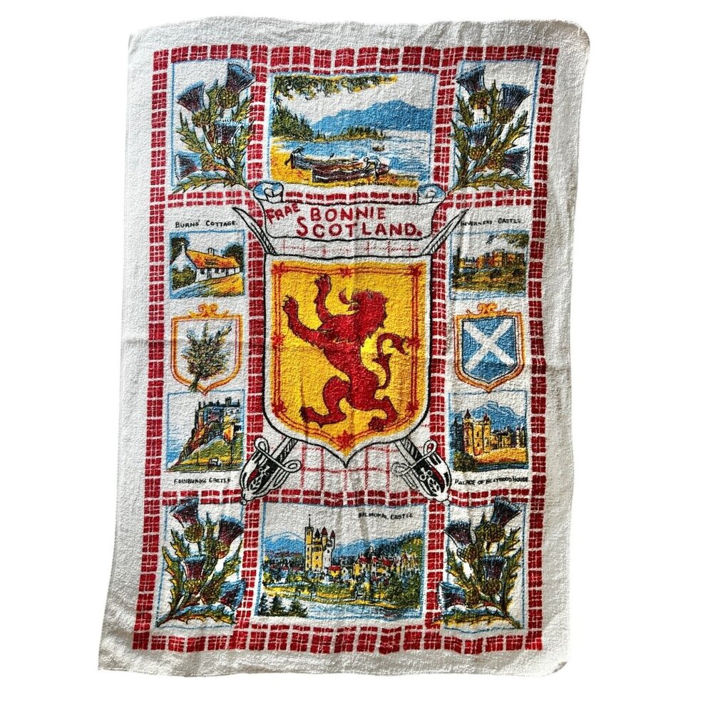 Vintage Scottish Souvenir Tea Towel With Lion Rampant Design & Bonnie Scotland